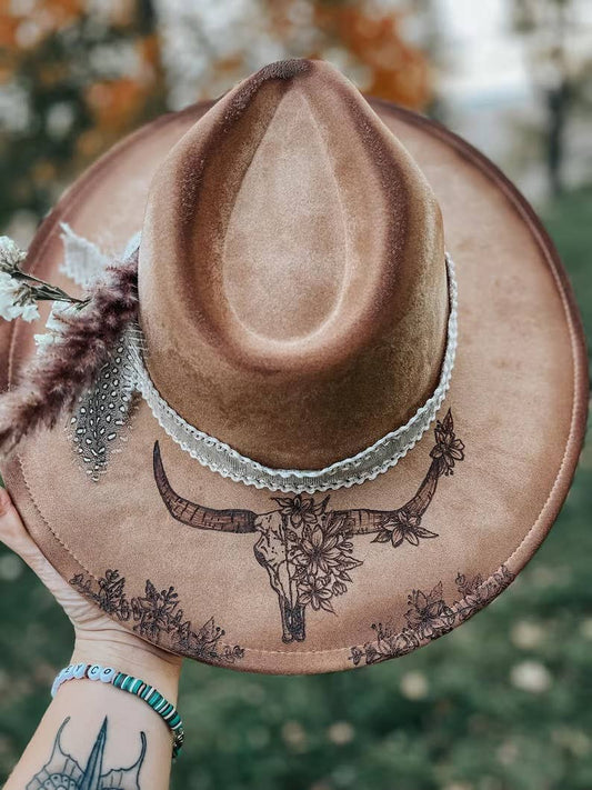 River Valley Co. - Longhorn Floral Skull Hand Burned Custom Wide Brim Fedora