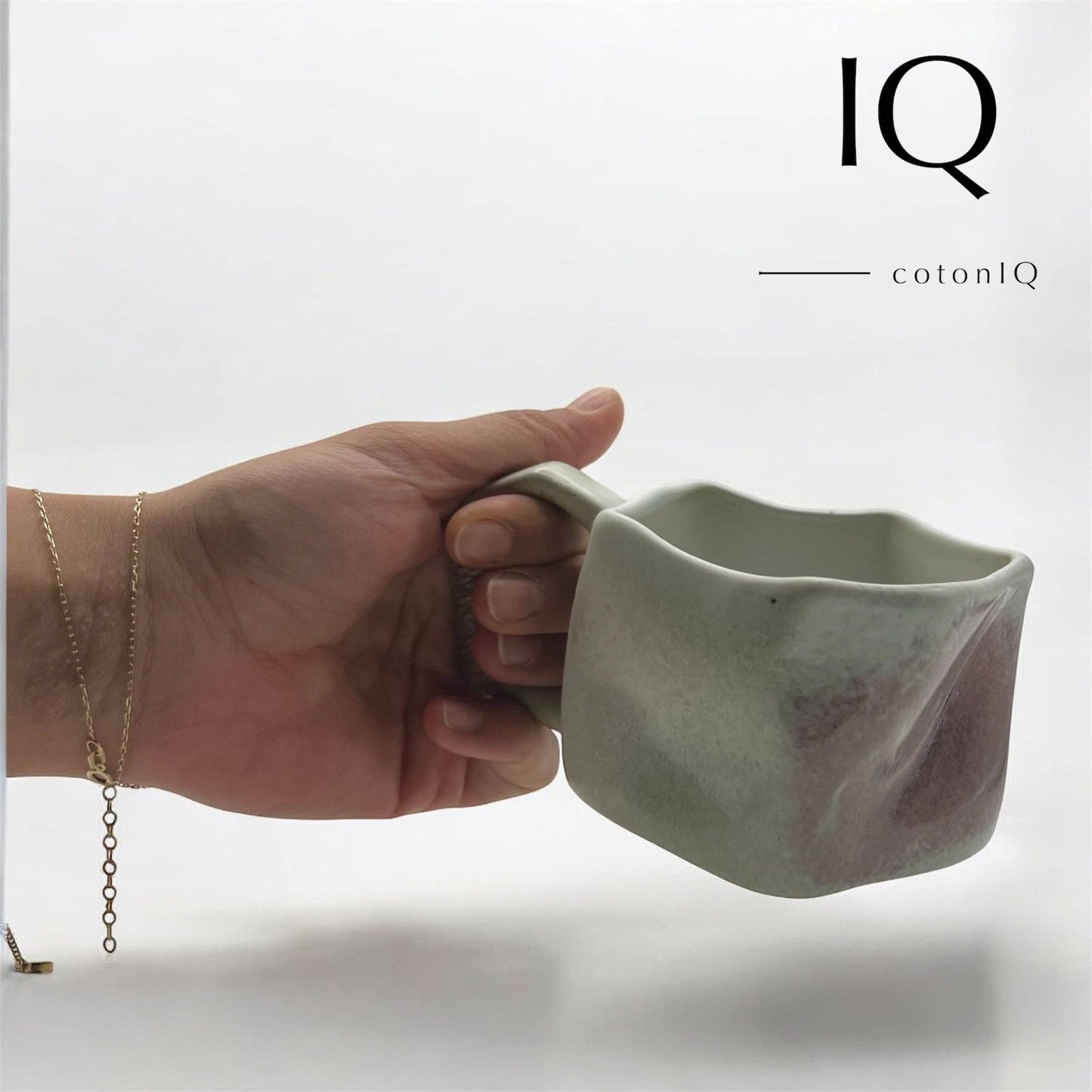 cotonIQ - Handcrafted Ceramic Mug – Rustic Unique Piece – White and Shades of Lilac – 230 ml