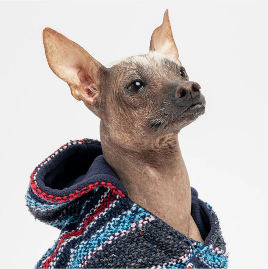 🌊 Baja Dog Poncho – Warm & Stylish Southwestern-Inspired Jacket with Poop Bag Pocket (Navy)